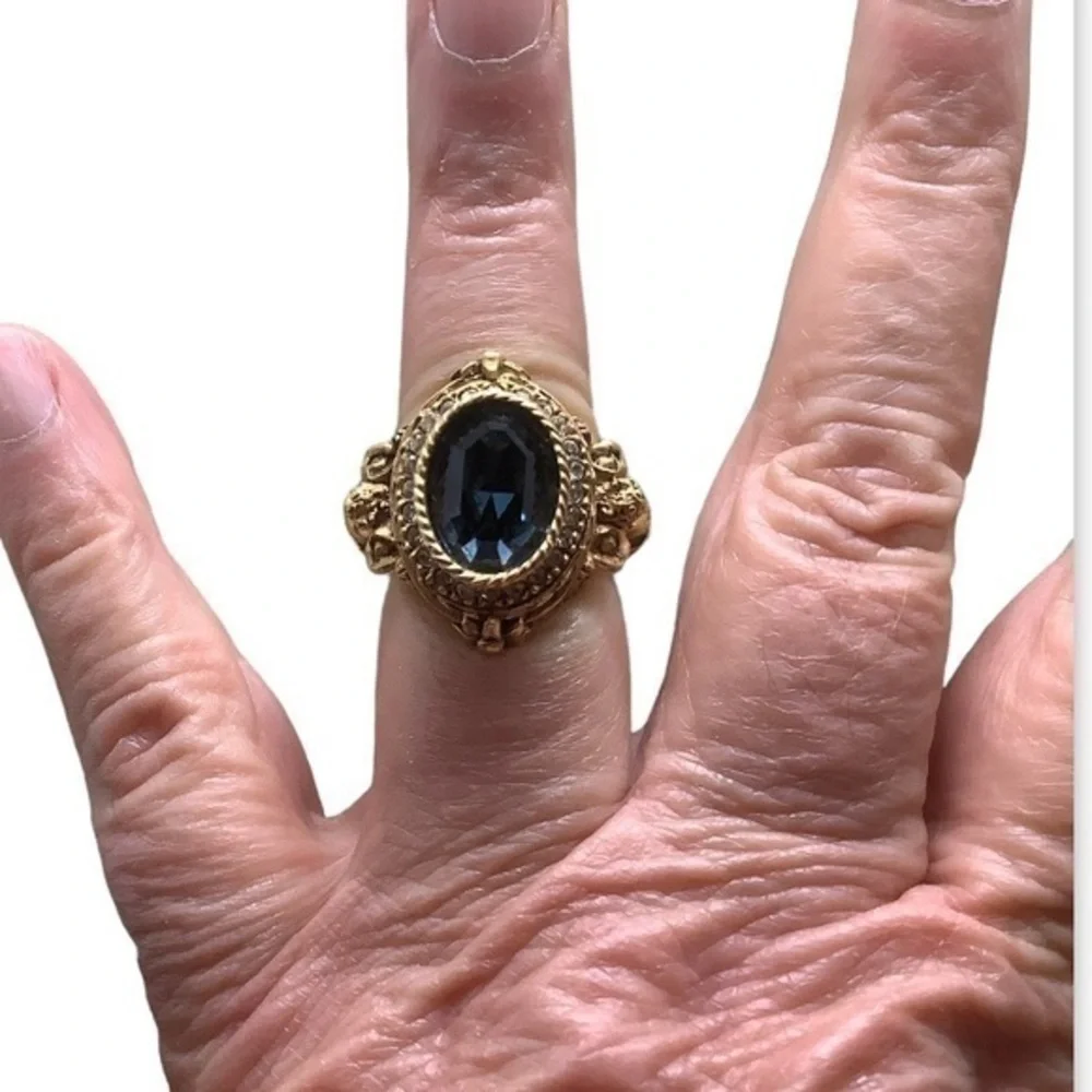 Gold tone blue & white Cubic Zirconia ring